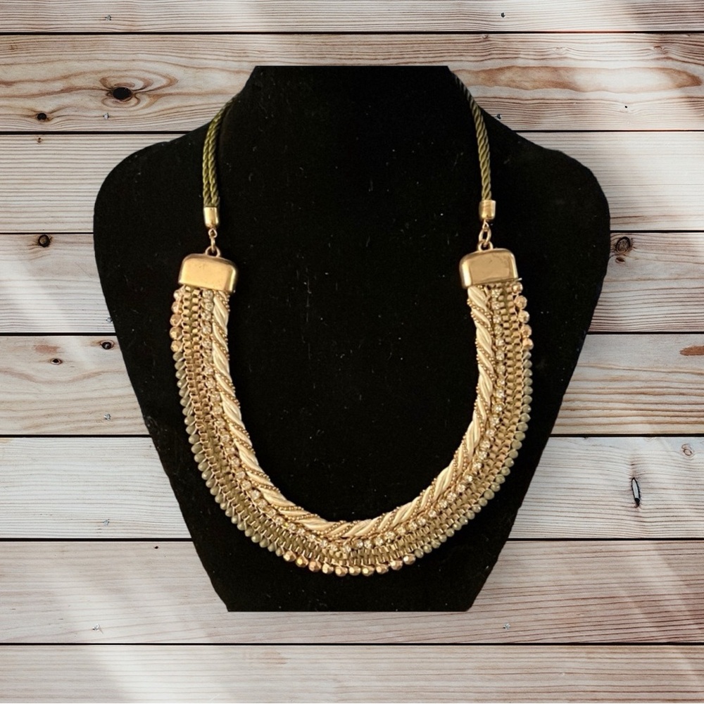 Olive/Beige Rope and Metal Necklace